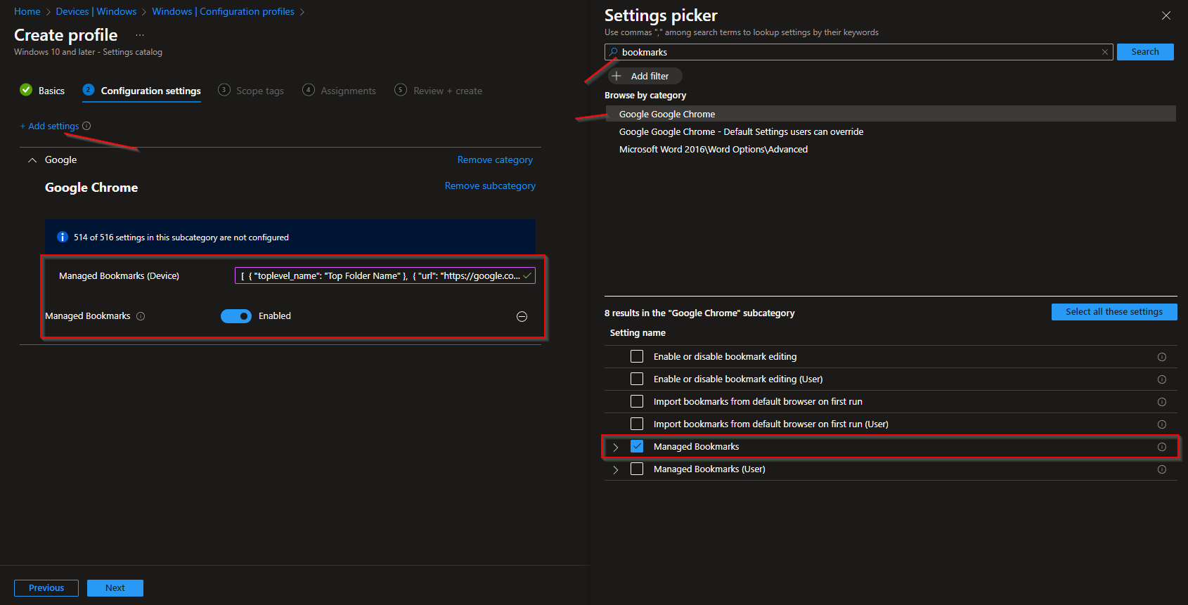 Configuring Managed Bookmarks with the JSON list